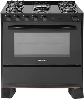 Suggar Fogão Cook Glass Preto Mesa De Vidro 5 Bocas Mega Chama Trempe 6 Apoios Acendimento Automático Fgvcg510pt