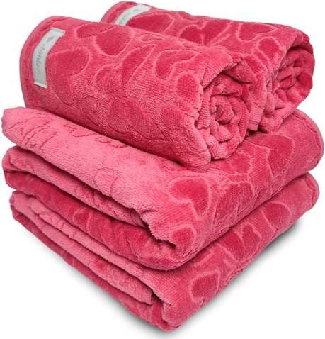 Jogo De Banho 4 Peças Romance Dohler Aveludada 100% Algodão Toalha Fio Penteado Coração Borboleta (rosa 10366)