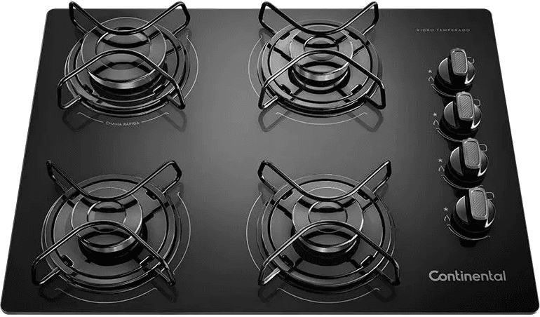 Cooktop 4 Bocas a Gás GLP Continental Mesa de Vidro Preto Acendimento Automático KC4GR
