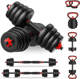 Kit Haltere 6 Em 1 Ajustável Para Musculação - 15kg Preto - Multifuncional Com Barra E Kettlebell