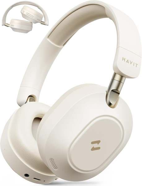 Fone De Ouvido Headphone Bluetooth HAVIT H668BT com Cancelamento de Ruído Ativo, Bateria de 70h, Hi-Res, Dobrável (Bege)