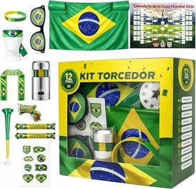 MBOX Kit Torcedor Brasil Copa 2026 12 Peças – Fantasia Completa com Faixa Cabeça, Óculos, Bandeira 150x90cm, Bastões Infláveis, Corneta, Tinta Facial e Lança Confete – Festa Churrasco