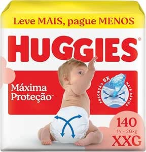 Fralda Descartável Huggies Máxima Proteção Tamanho XXG 140 unidades – aberta com tecnologia Xtra-Flex, canais em X que se adaptam aos movimentos e máxima proteção