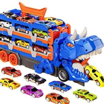 Caminhão Dinossauro 3 em 1 com Pista Dupla Dinossauro Brinquedo que Engole Carrinhos e Vira Pista de Corrida, Acompanha 4 Carrinhos de Metal, Ideal para Aniversário, Natal e Dia das Crianças